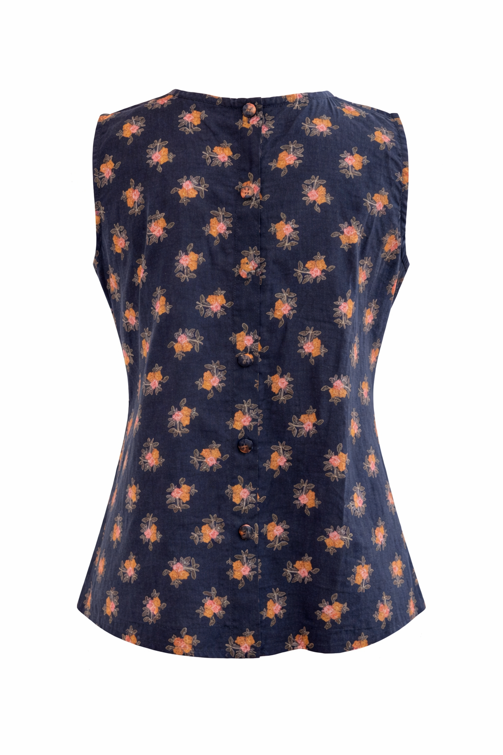 Navy sleeveless top with orange floral pattern on a white background