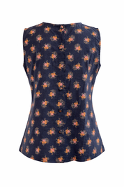 Navy sleeveless top with orange floral pattern on a white background