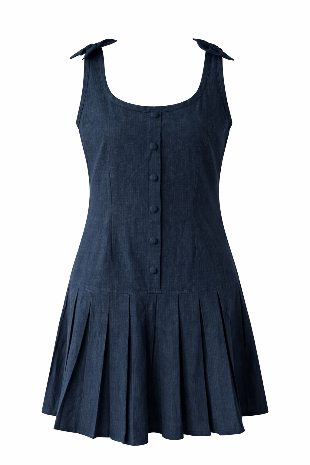 Navy blue sleeveless dress with buttons on a white background