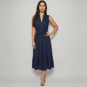 Navy sleeveless cotton midi dress with mandarin collar