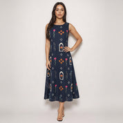 Jaipur Block Print Navy Cotton A-Line Midi Dress