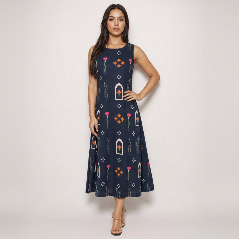 Jaipur Block Print Navy Cotton A-Line Midi Dress