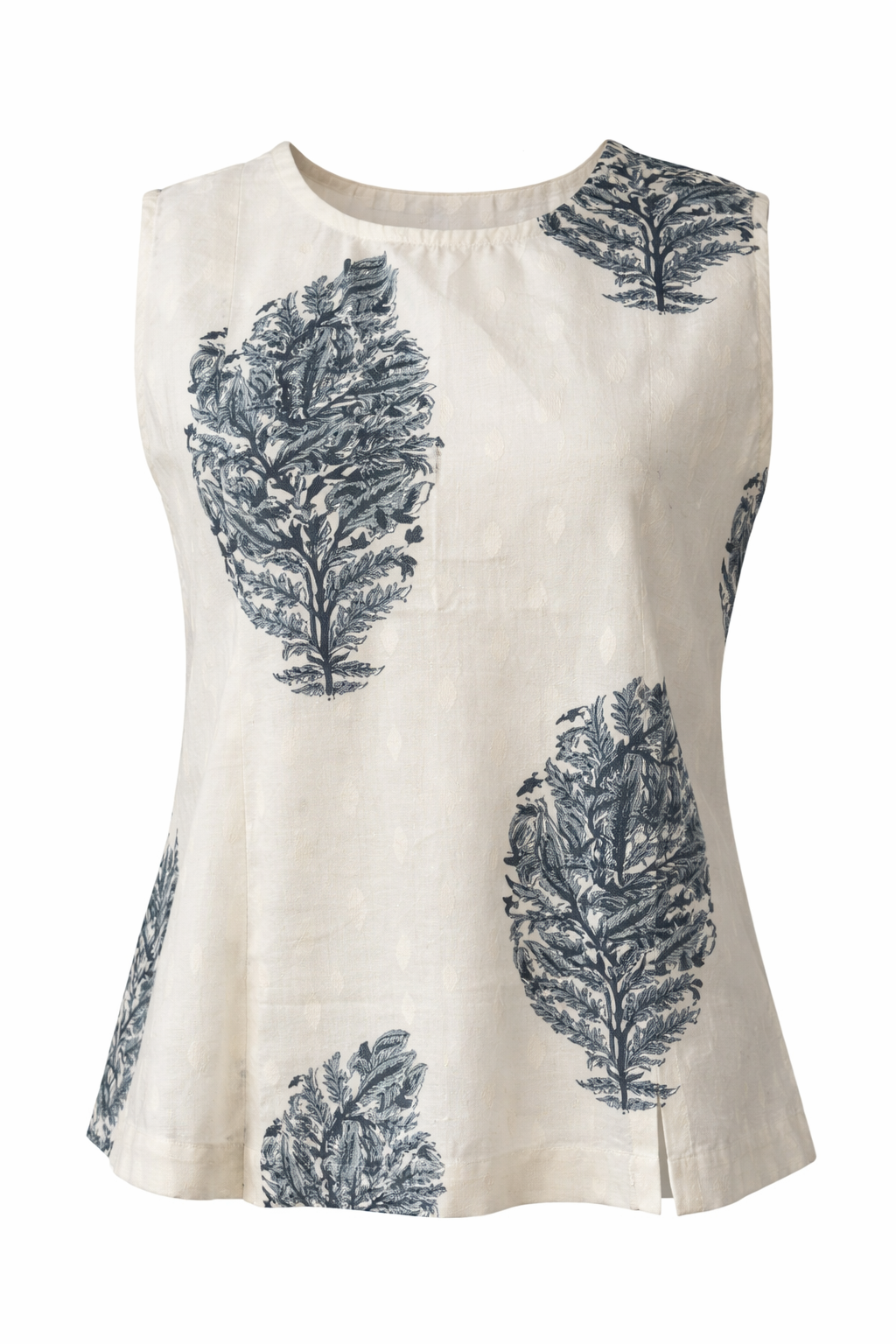 White sleeveless top with blue leaf patterns on a white background