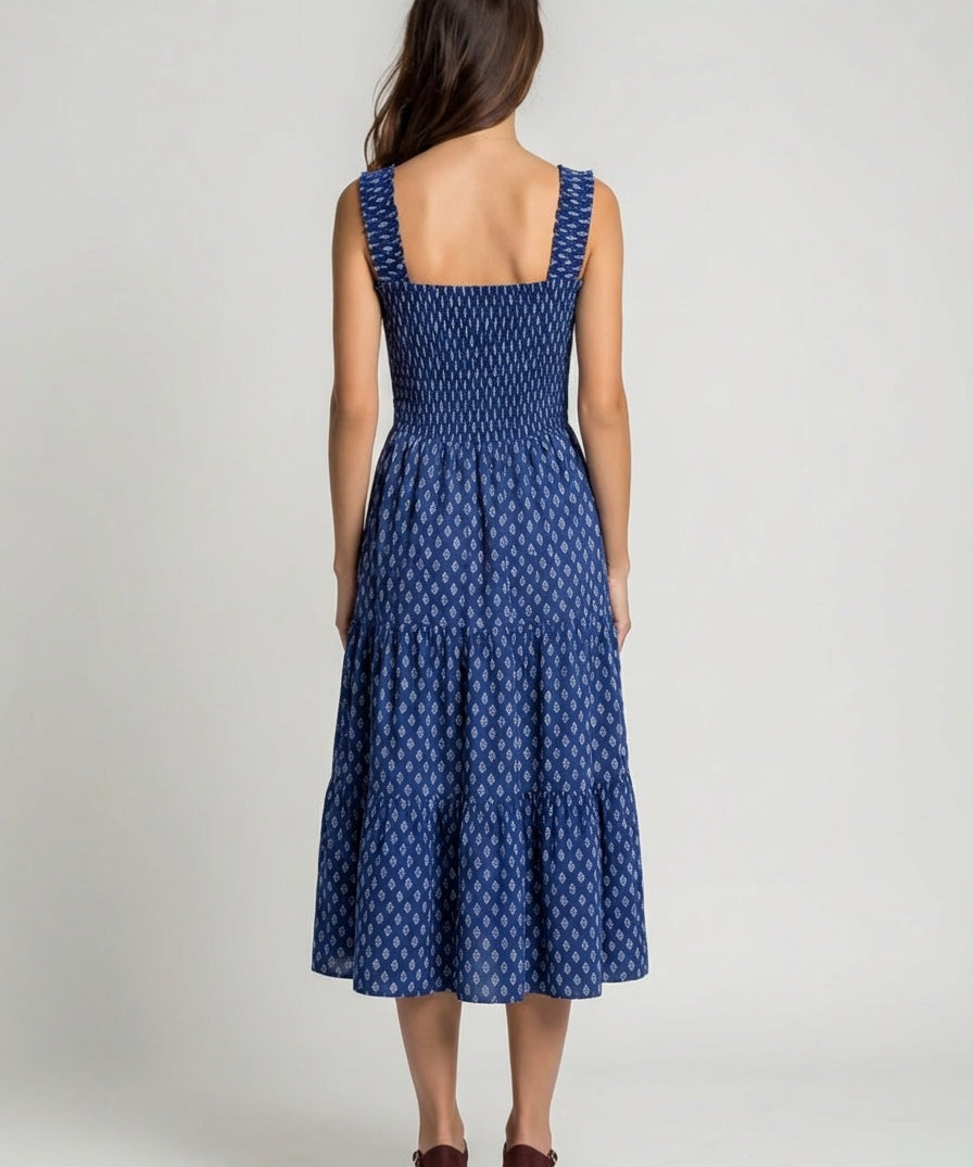 navyblue color printed style dress two steps long