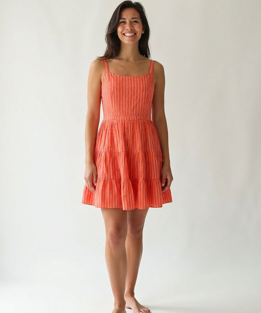 Orange handwoven cotton mini dress with vertical stripe pattern