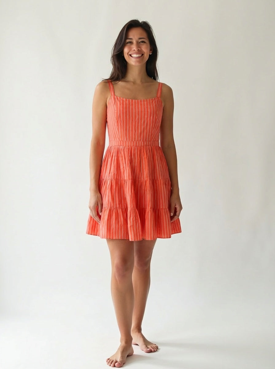 Orange handwoven cotton mini dress with vertical stripe pattern