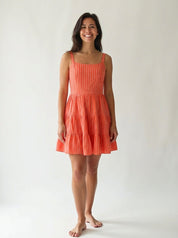 Orange handwoven cotton mini dress with vertical stripe pattern