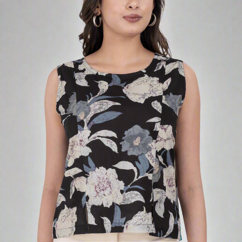 oversized floral print sleeveless blouse