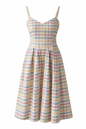 Pastel check cotton dobby tea length dress