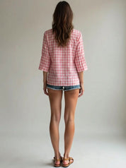 3/4 sleeve shirt checked pattern bestootd.com
