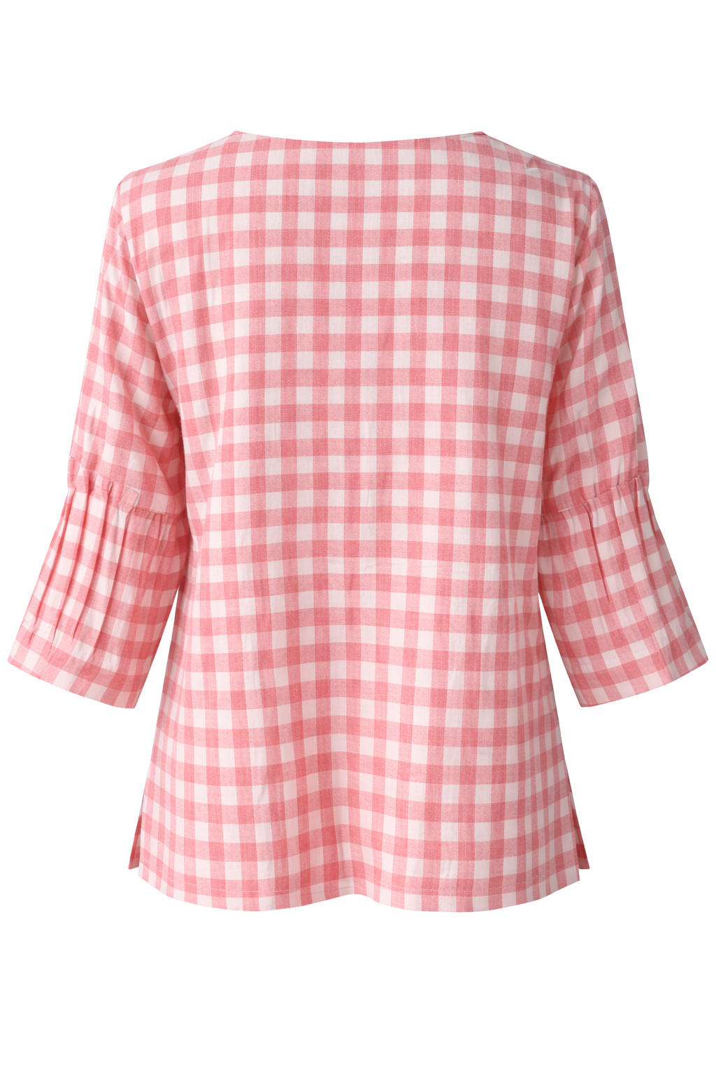 Pink and white checkered blouse on a white background