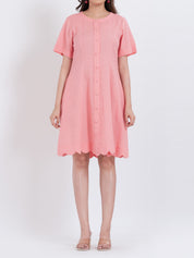 Button-down cotton dress with playful scalloped hem and short sleeves full