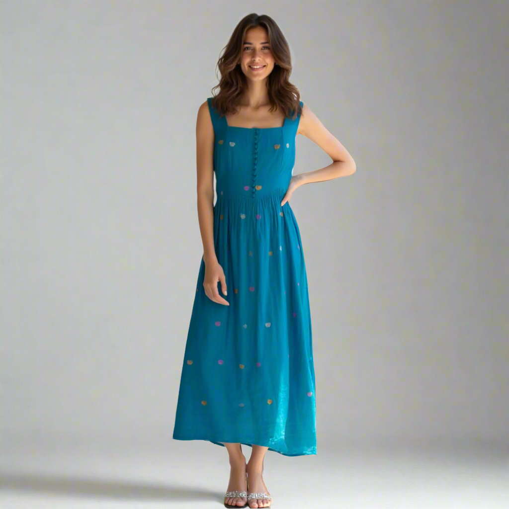 Elegant polka dot cotton maxi dress with square neckline and sleeveless design for summer wear