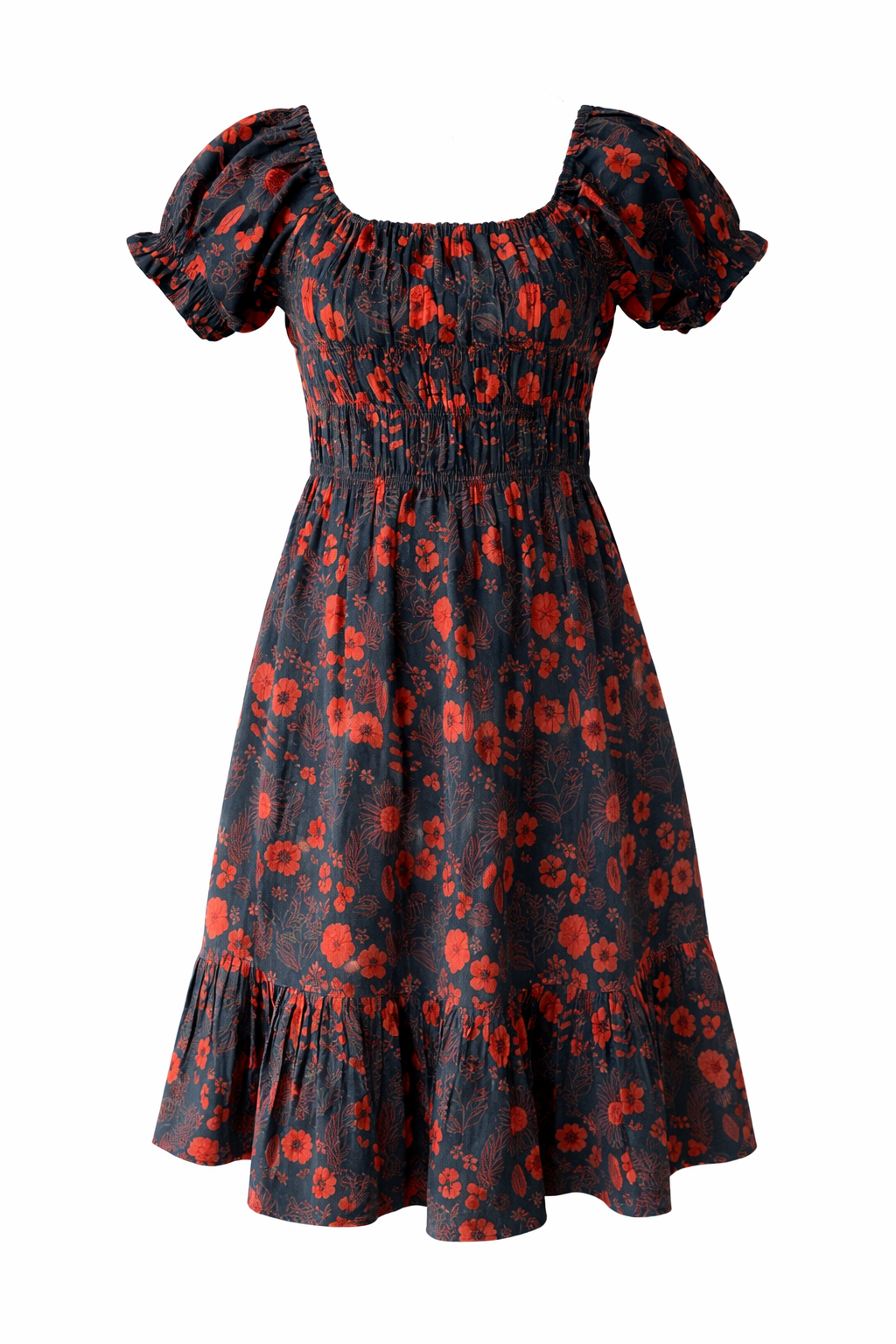 Black floral midi dress with puff sleeves and square neckline