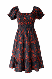 Black floral midi dress with puff sleeves and square neckline