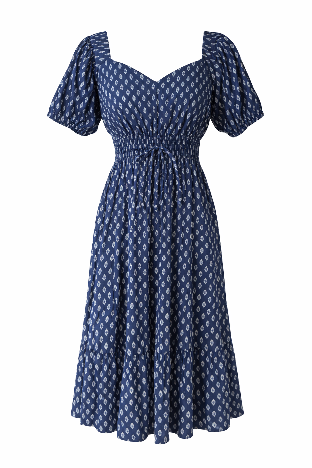 Geometric print midi dress with short puff sleeves