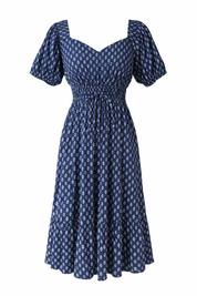Geometric print midi dress with short puff sleeves