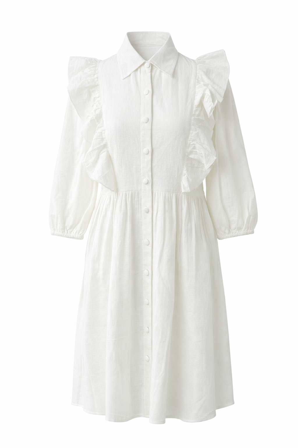 White dress with ruffled sleeves on a white background