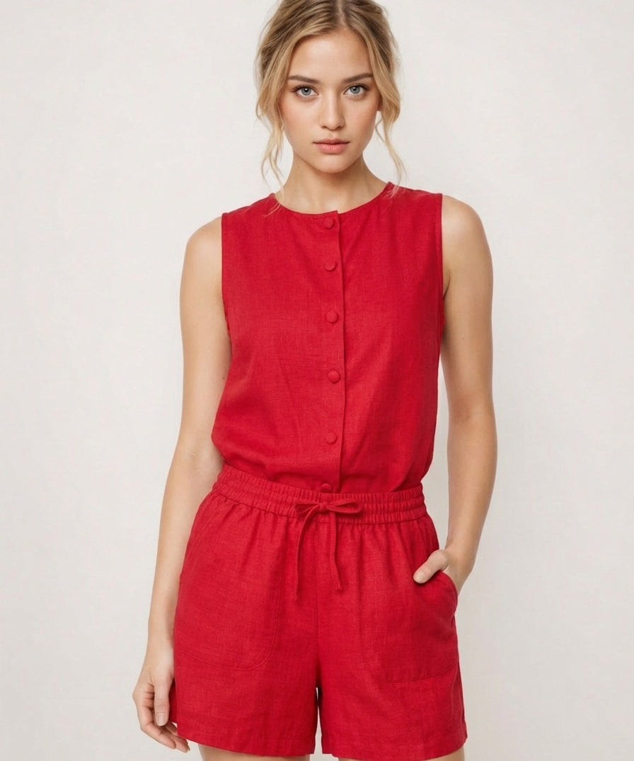 Pure Cotton Sleeveless Button-Down Top and Shorts Co-ord Set for Women Breathable Summer Two-Piece Matching Set