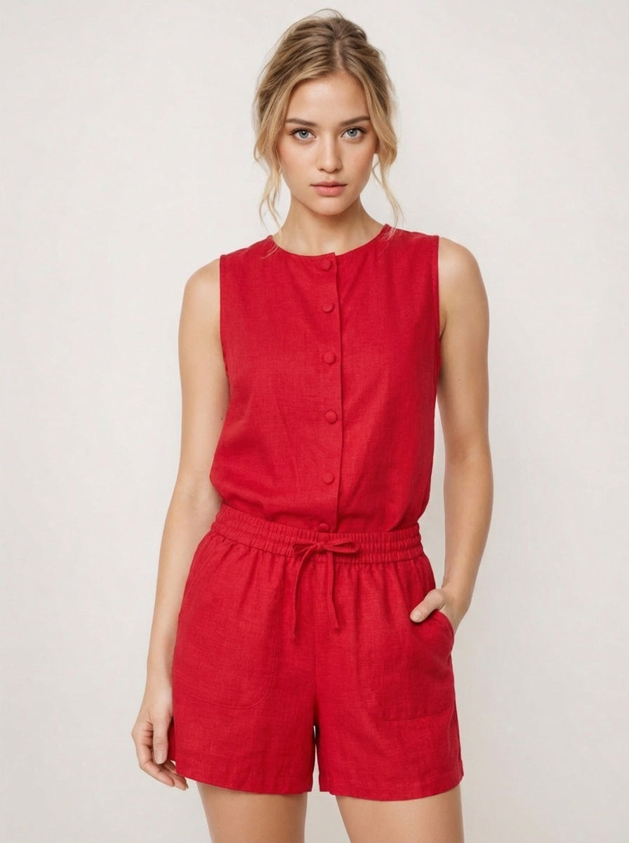 Pure Cotton Sleeveless Button-Down Top and Shorts Co-ord Set for Women Breathable Summer Two-Piece Matching Set