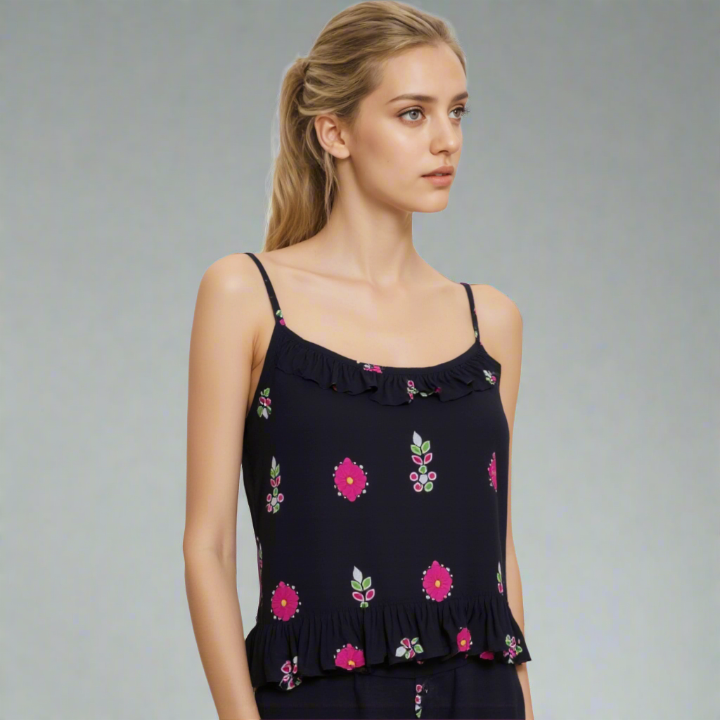 rayon embroidered ruffle cami top