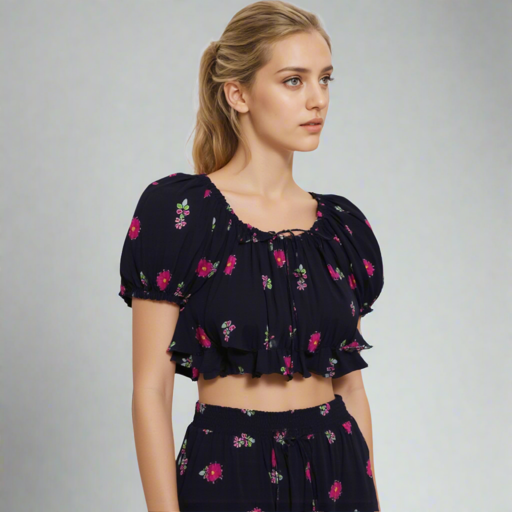 rayon puff sleeve floral crop top with ruffle hem