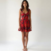 Red abstract floral handwoven cotton midi dress