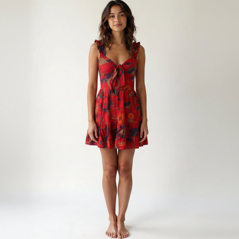 Red abstract floral handwoven cotton midi dress