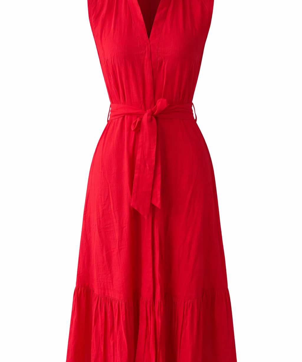 Red cotton midi dress with V-neckline and waist tie belt
