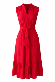 Red cotton midi dress with V-neckline and waist tie belt