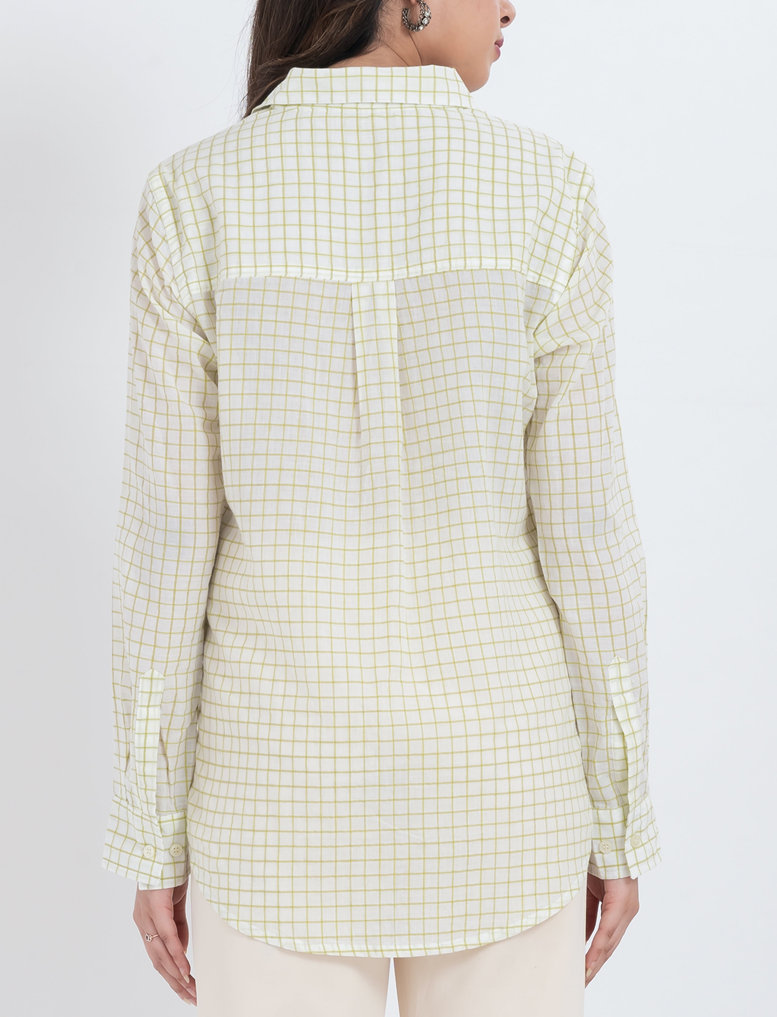 Elegant grid check print button-up shirt with long sleeves