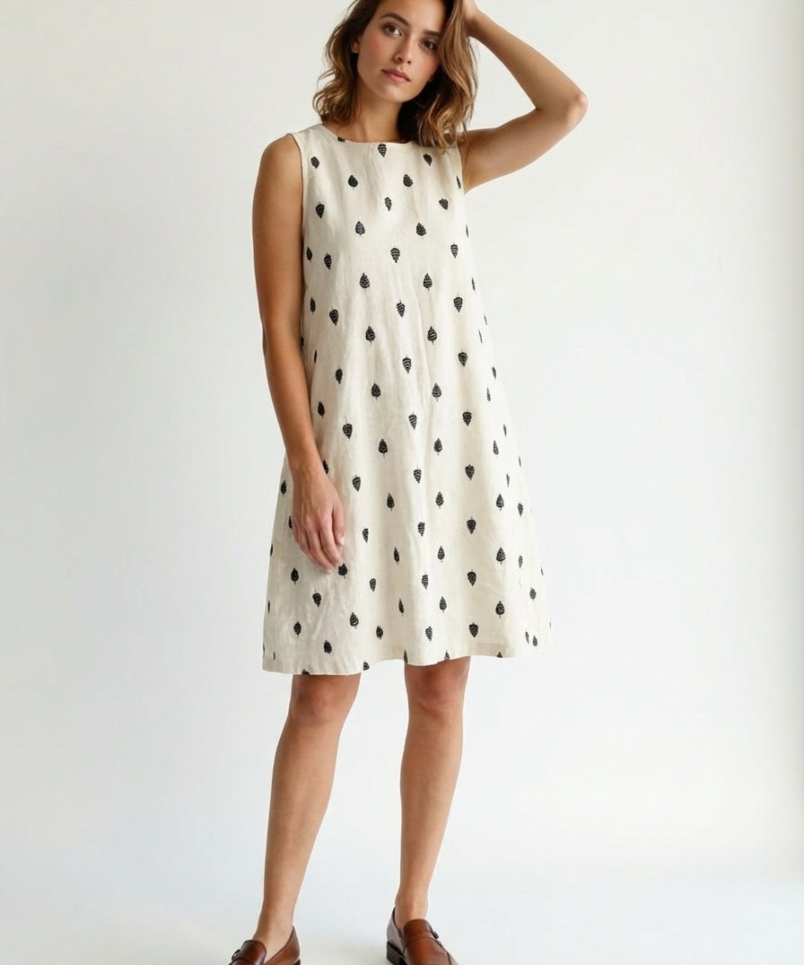 Relaxed fit mustard yellow cotton dobby midi dress with geometric print