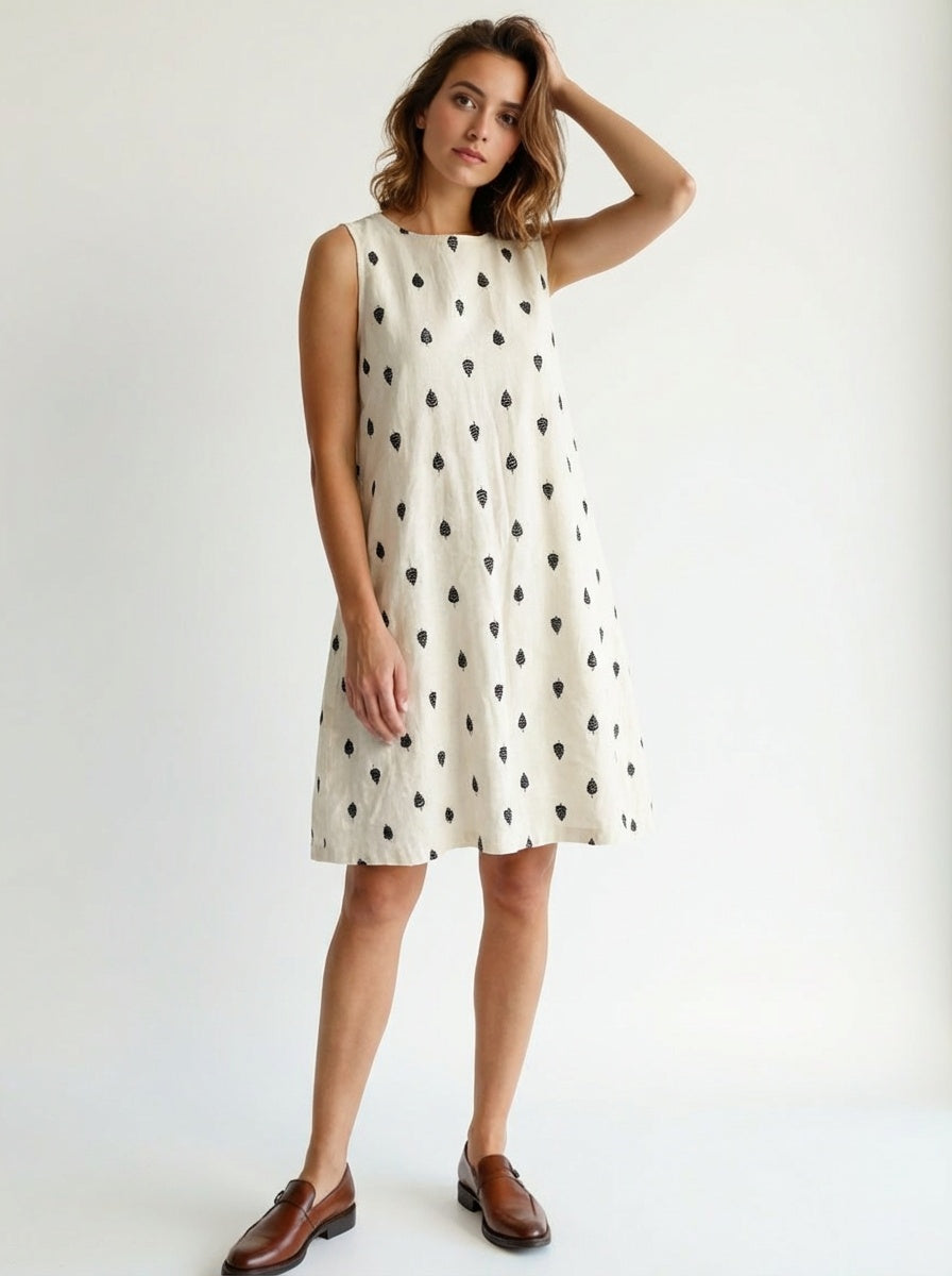Relaxed fit mustard yellow cotton dobby midi dress with geometric print