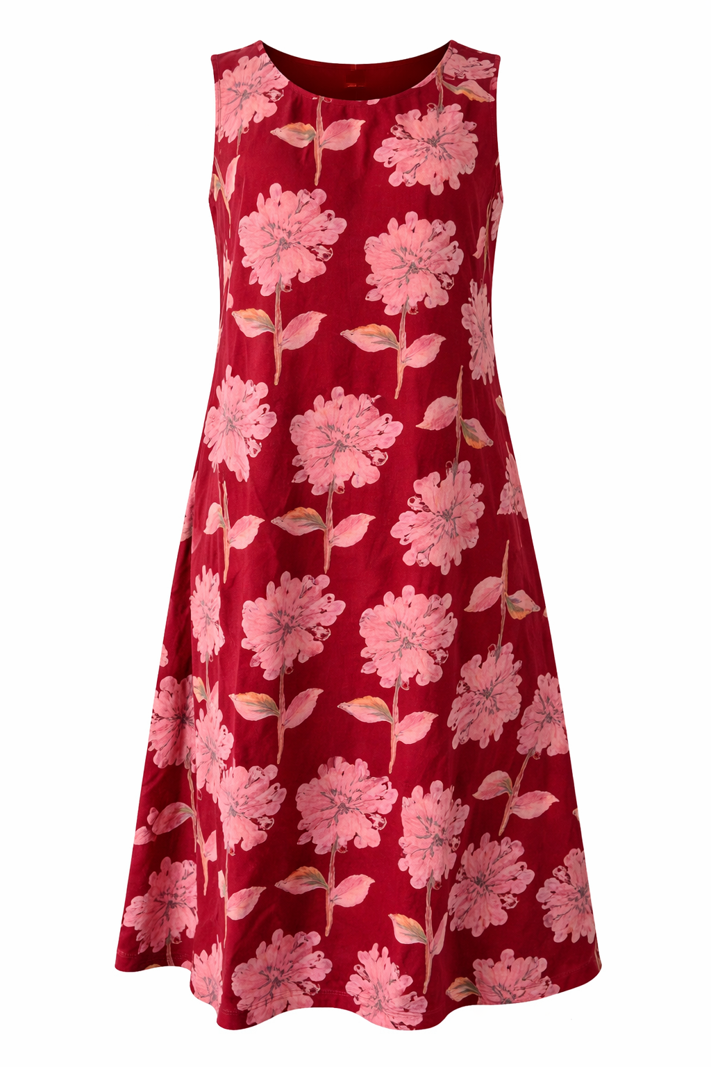 Round neck red cotton dress with colorful floral print