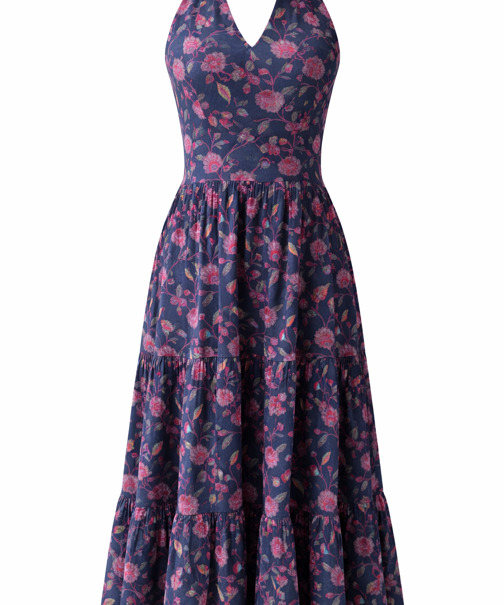 Navy blue dress with pink floral pattern midi 
