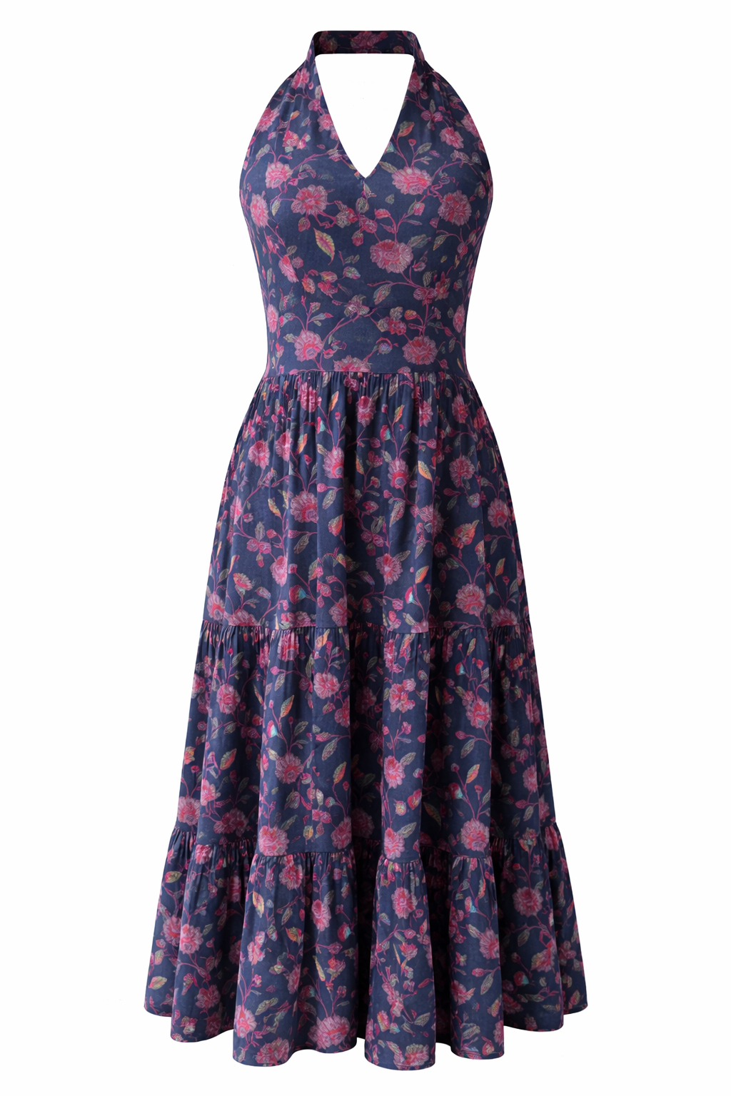 Navy blue dress with pink floral pattern midi 