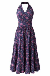 Navy blue dress with pink floral pattern midi 