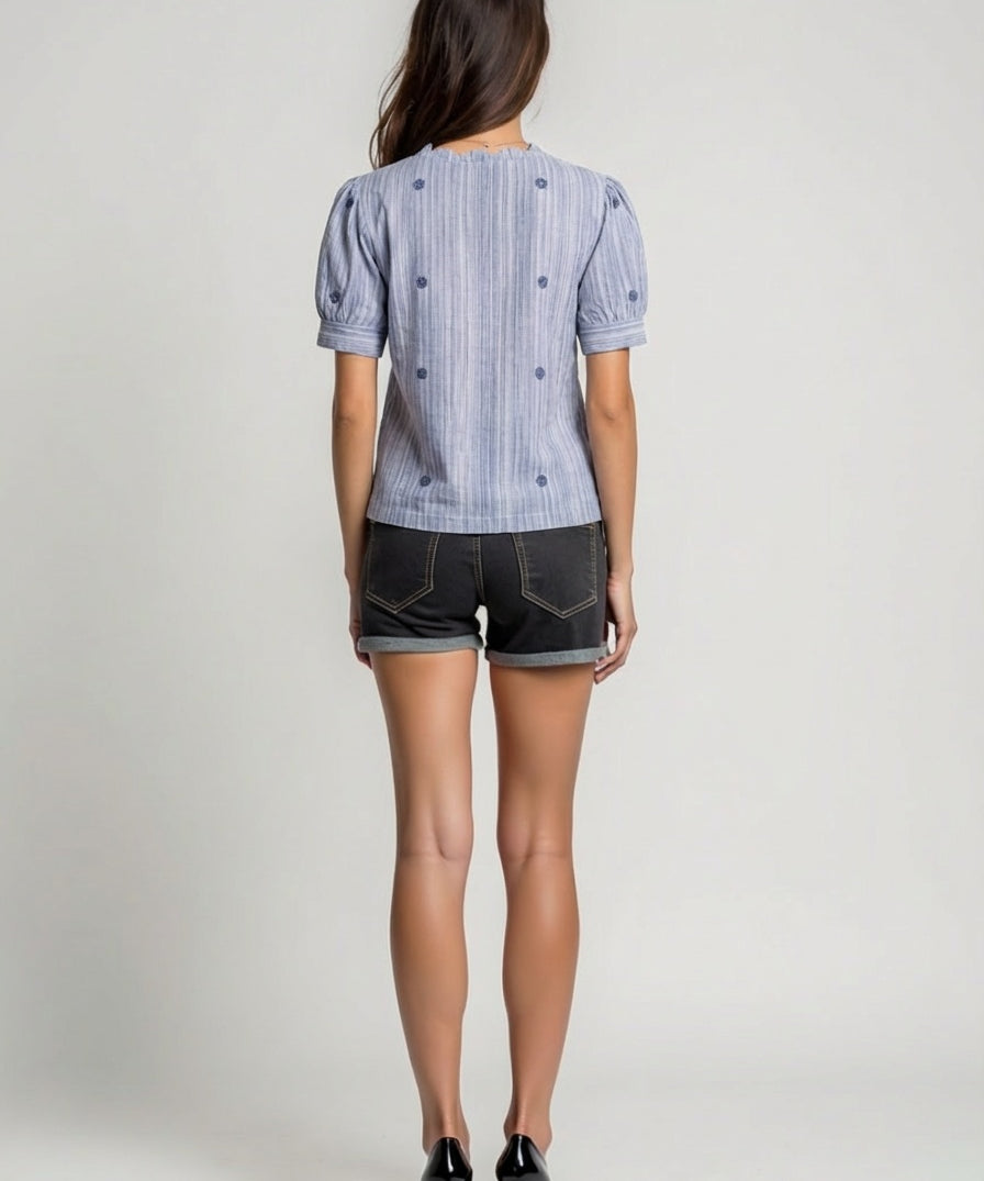 Handwoven cotton blouse with scalloped collar and ruffled placket