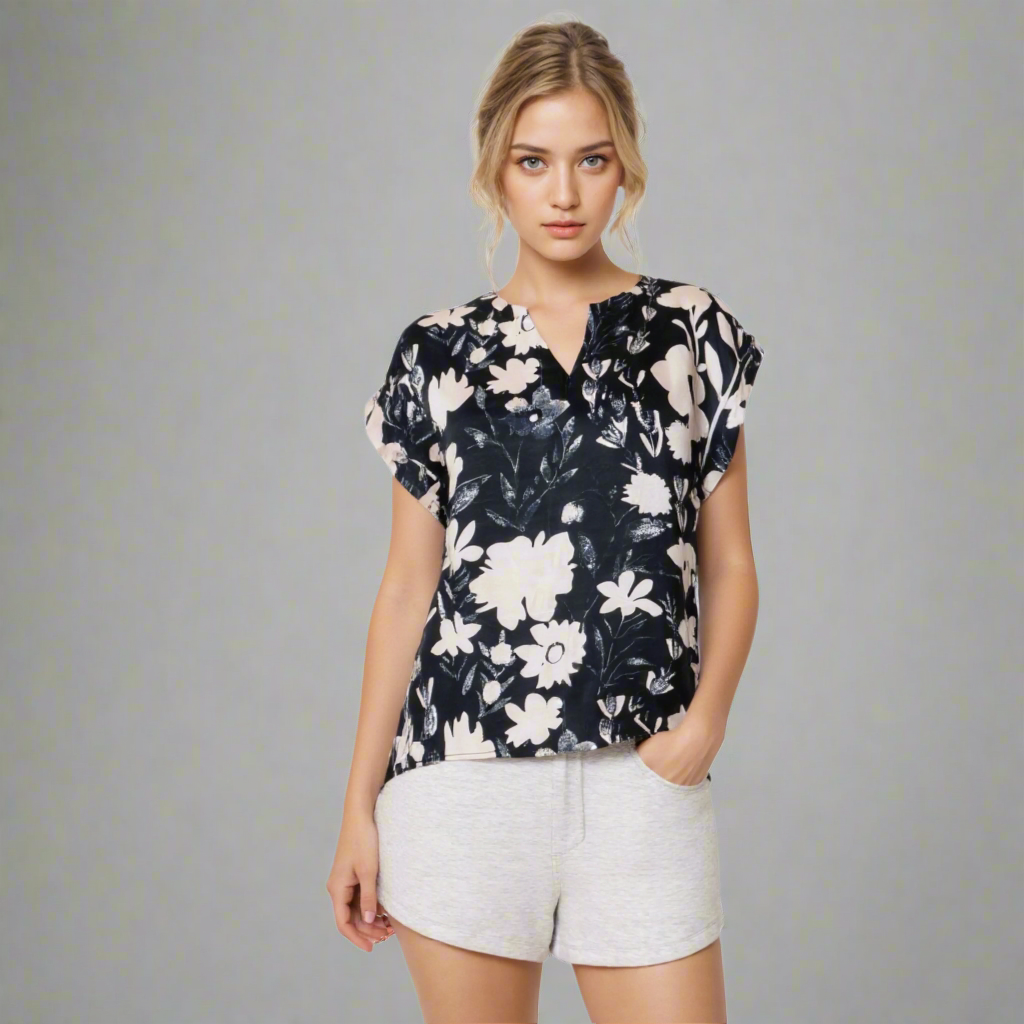 silk floral print short sleeve blouse