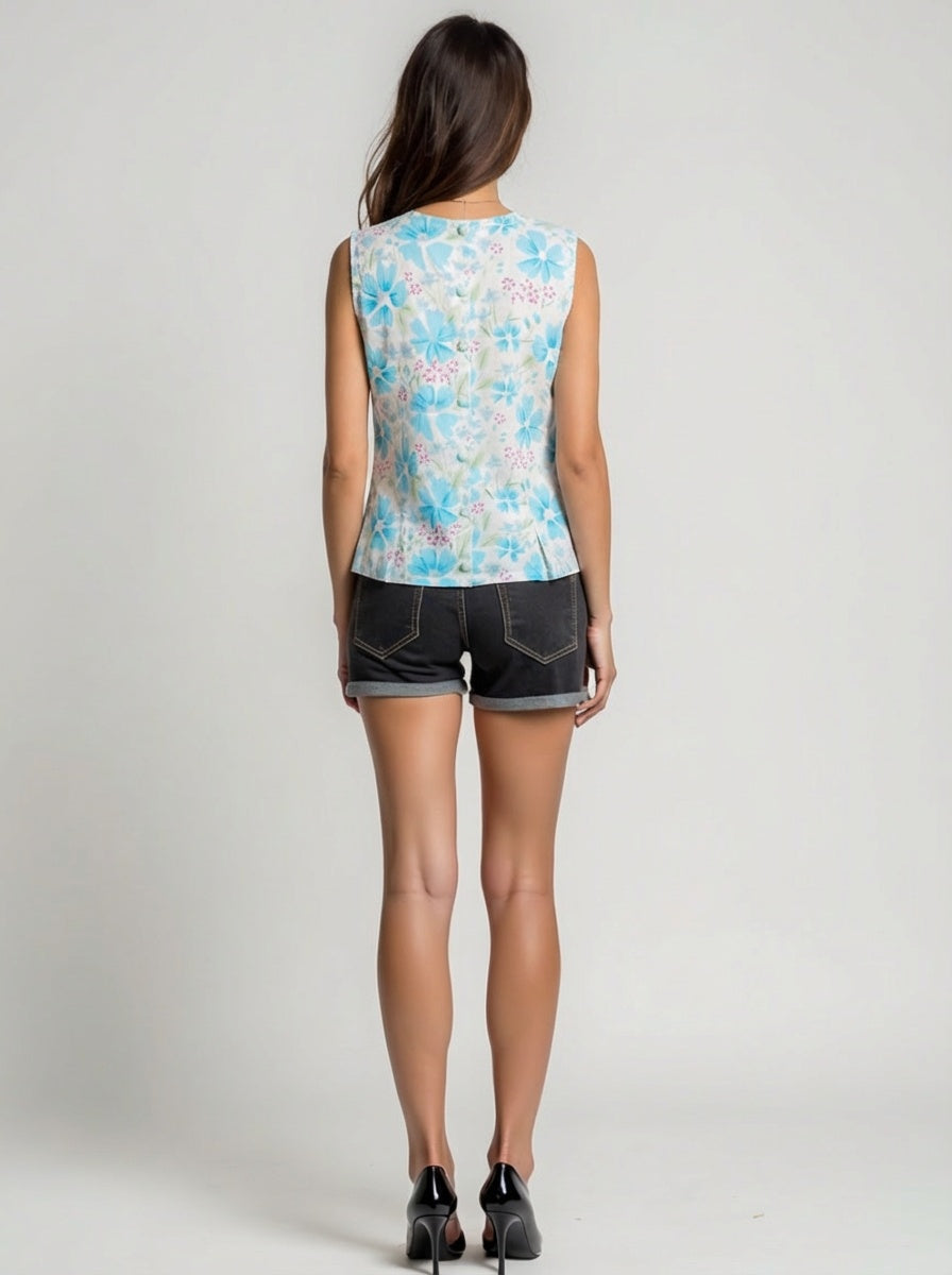 Woman wearing a sleeveless floral top and denim shorts on a plain background