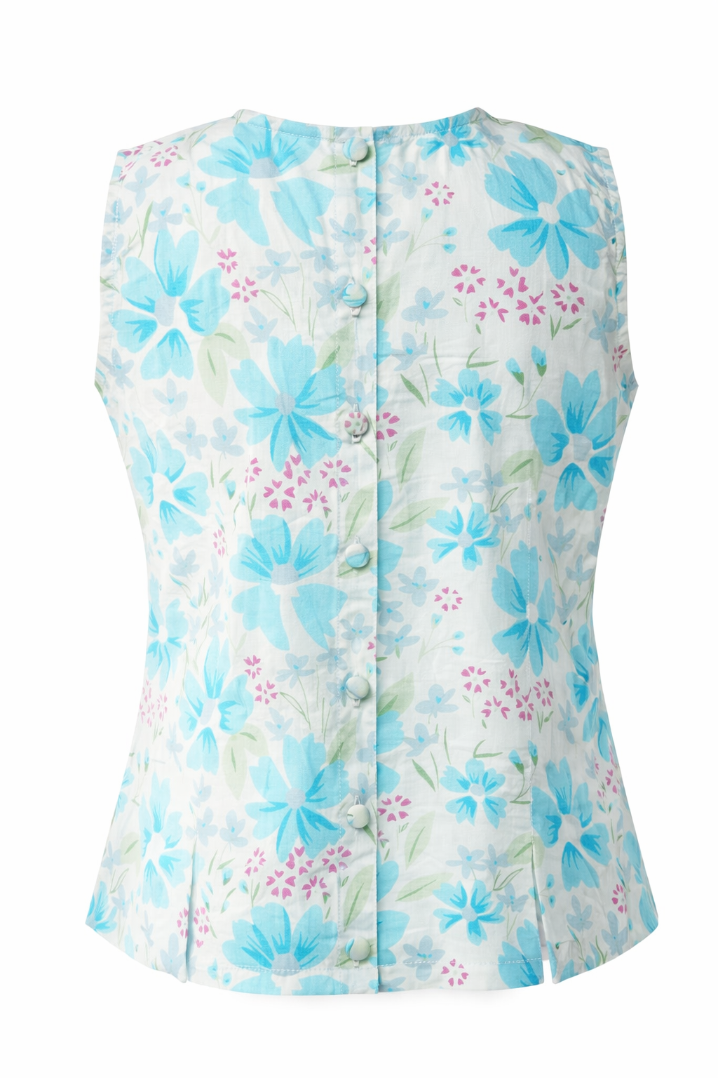 Floral sleeveless top with blue and pink flowers on a white background