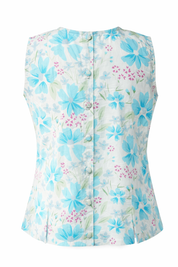 Floral sleeveless top with blue and pink flowers on a white background