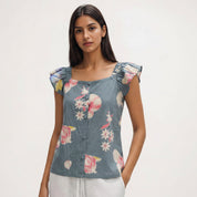 Cotton square neck flutter sleeve top in slate blue floral print