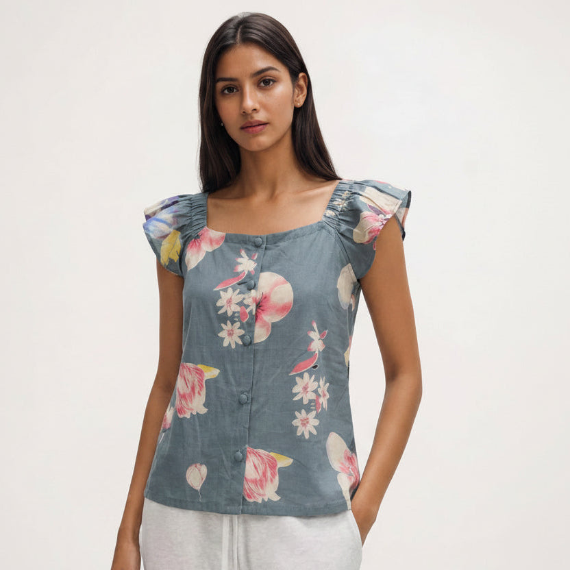 Cotton square neck flutter sleeve top in slate blue floral print
