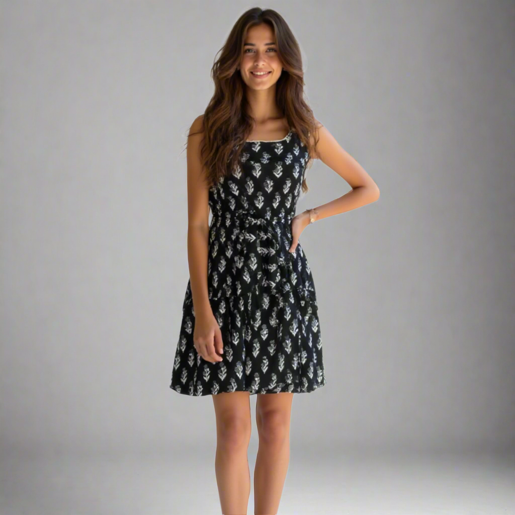 Sleeveless black floral dress with square neck and tie waist for a chic look