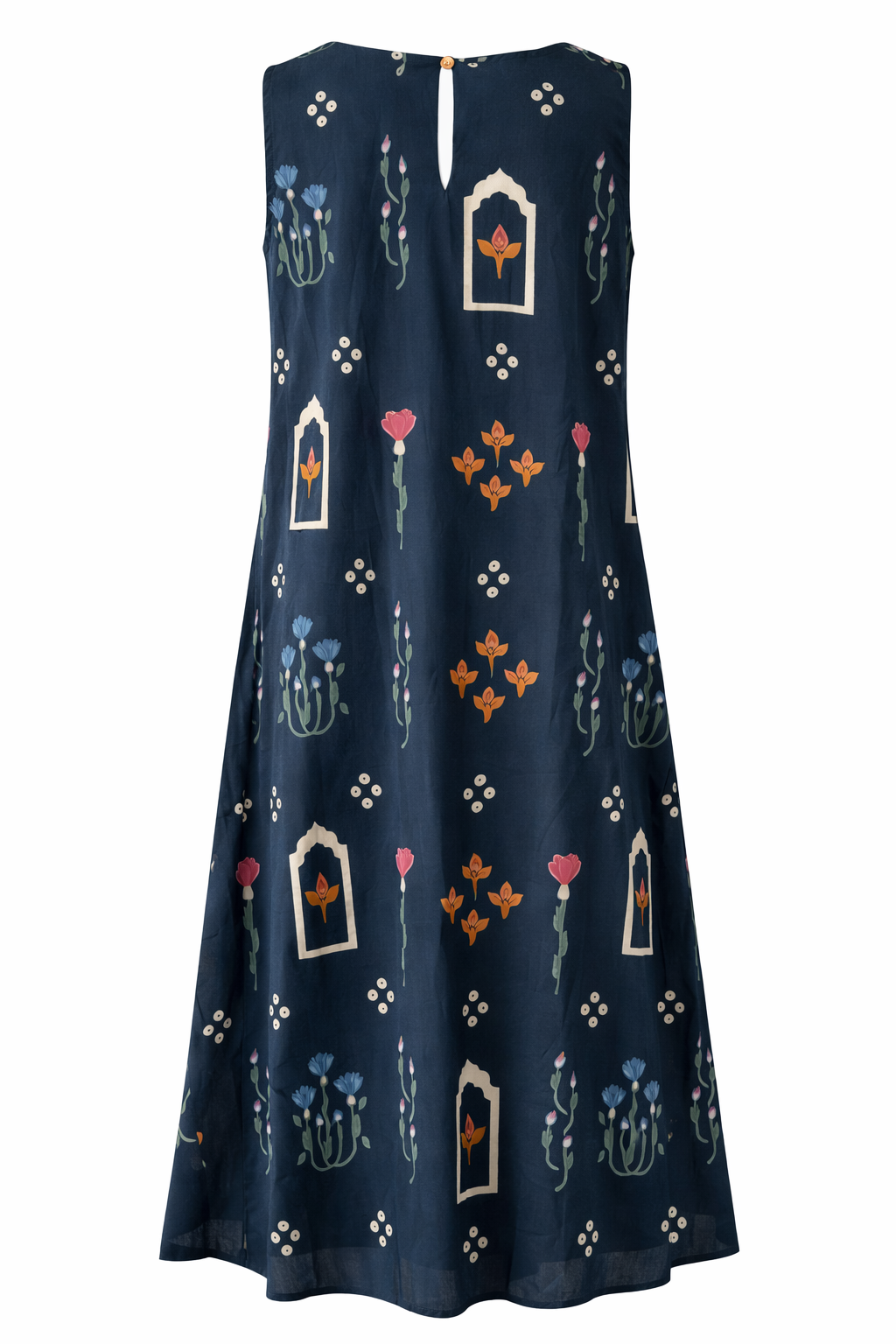 Navy blue dress with colorful floral and geometric patterns on a white background