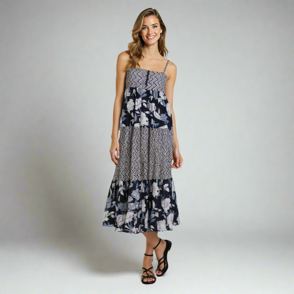 sleeveless cotton maxi dress in bohemian style with floral and geometric chevron prints