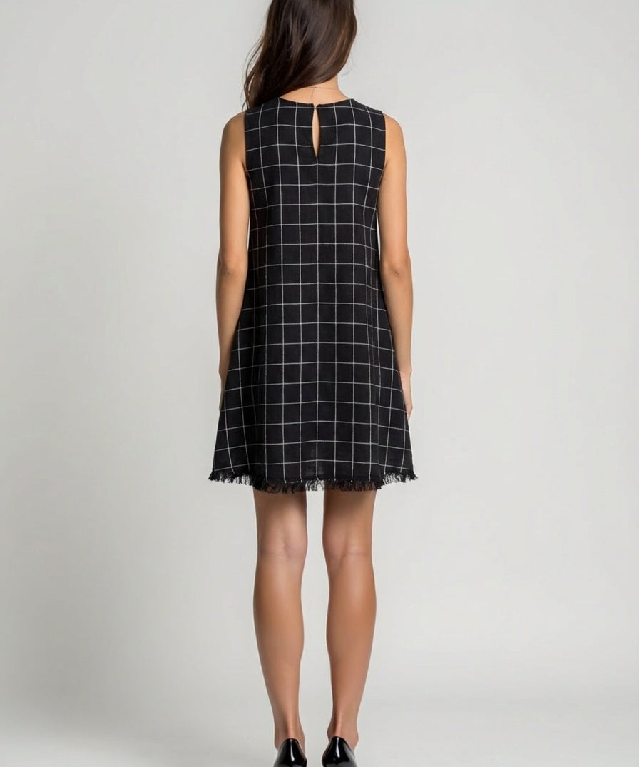 Black sleeveless cotton linen shift dress with frayed fringe hem