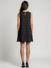 Black sleeveless cotton linen shift dress with frayed fringe hem