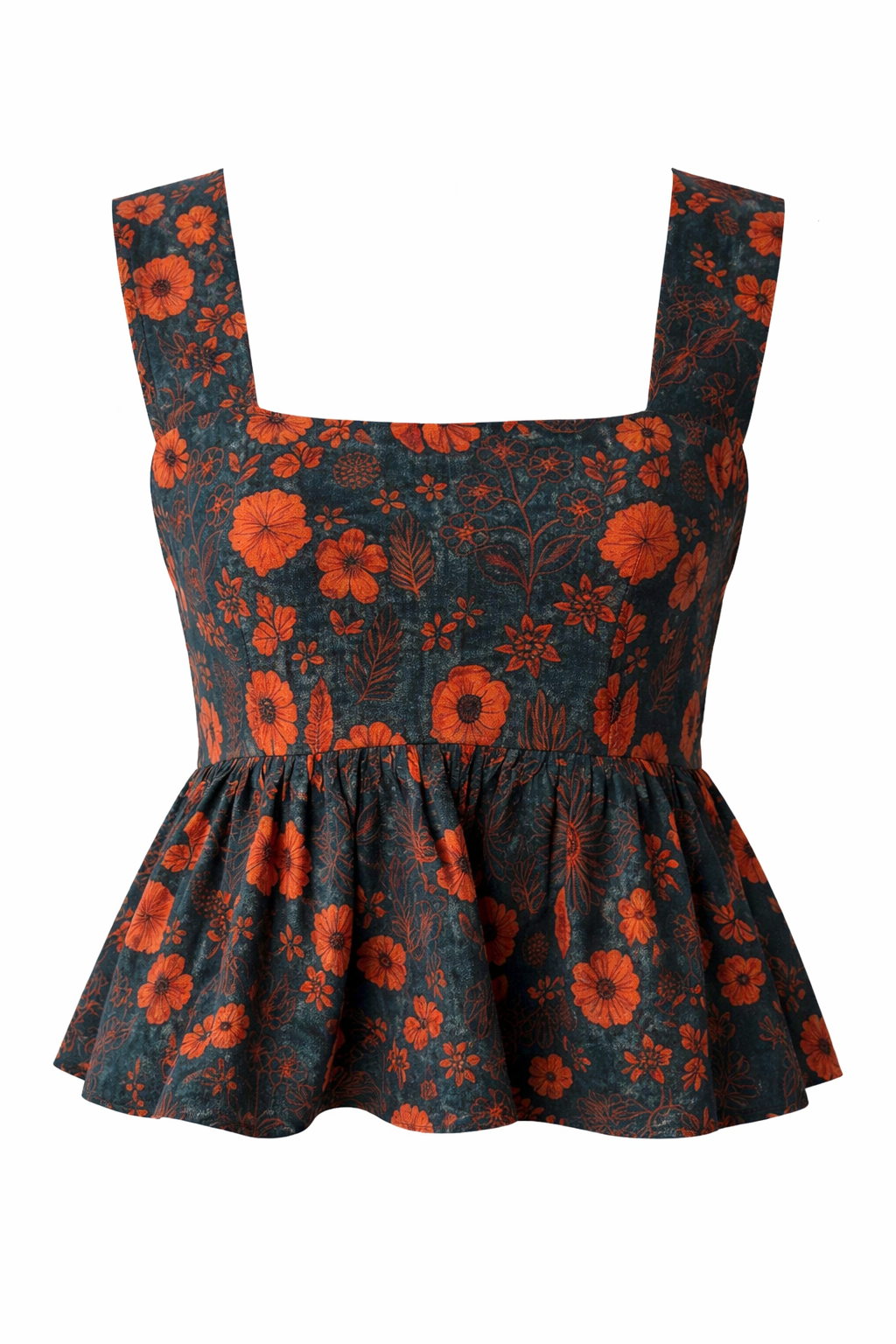 Floral dress with red flowers on a dark background
